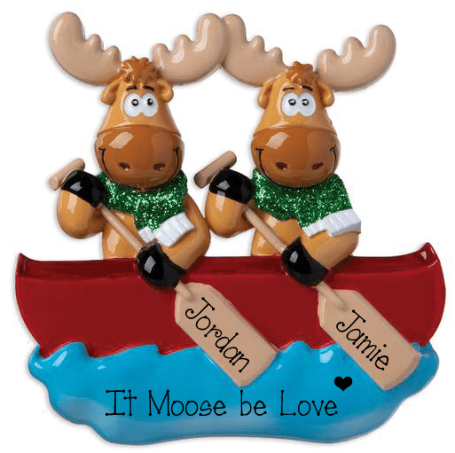 Moose Couple Rowing in a boat~Personalized Christmas Ornament