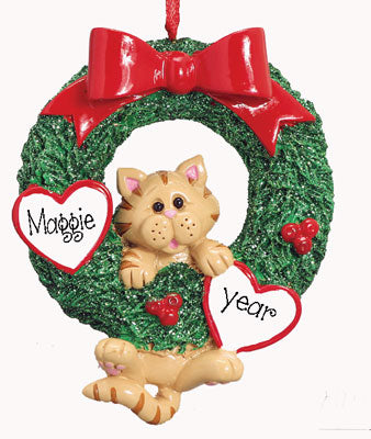 Tabby CAT in Green wreath~Personalized Christmas Ornament