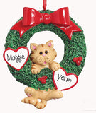 ORANGE TABBY CAT IN GREEN WREATH ORNAMENT / MY PERSONALIZED ORNAMENTS
