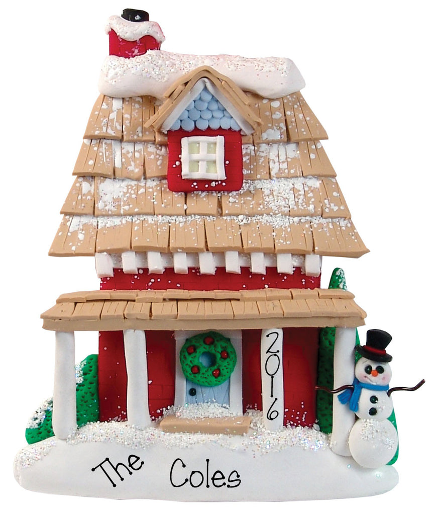 Red House with Snowman-Personalized Ornament