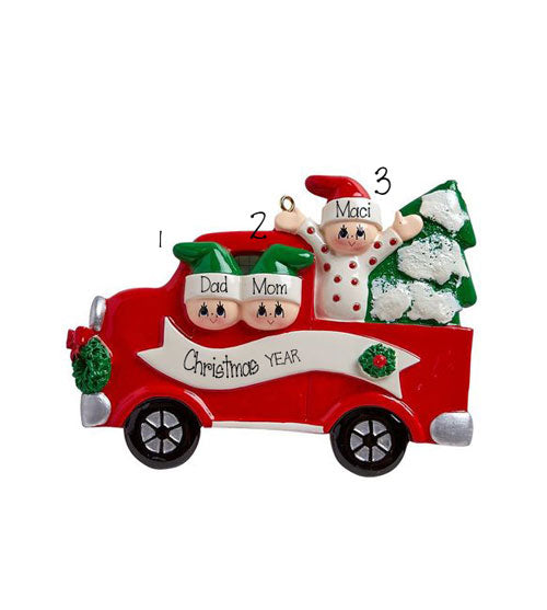 RED TRUCK~Family of 3~Personalized Christmas Ornament
