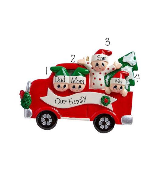 RED TRUCK~Family of 4~Personalized Christmas Ornament