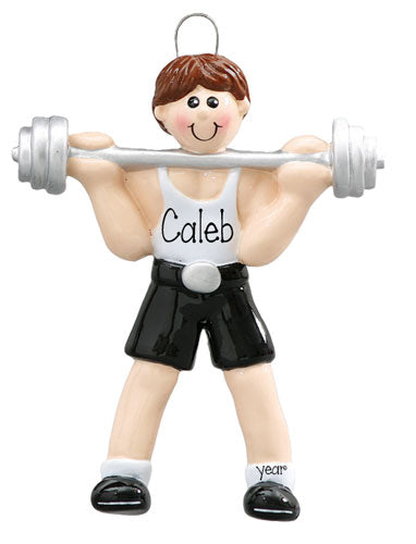 BRUNETTE MALE WEIGHT LIFTER ORNAMENT / MY PERSONALIZED ORNAMENTS