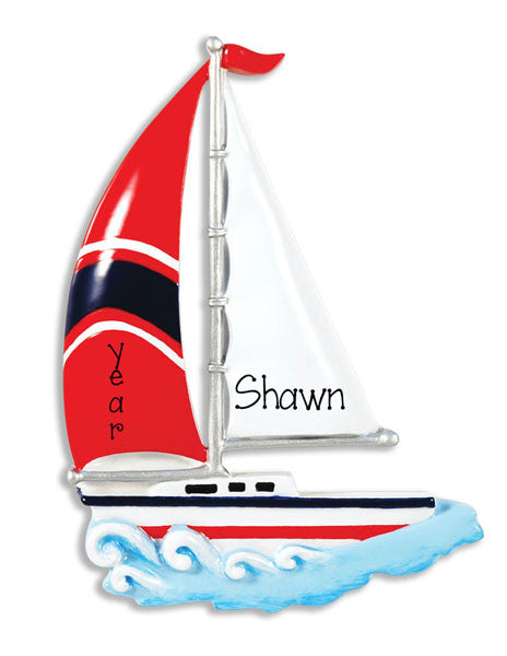 SAILBOAT w/ RED SAIL - Personalized Ornament