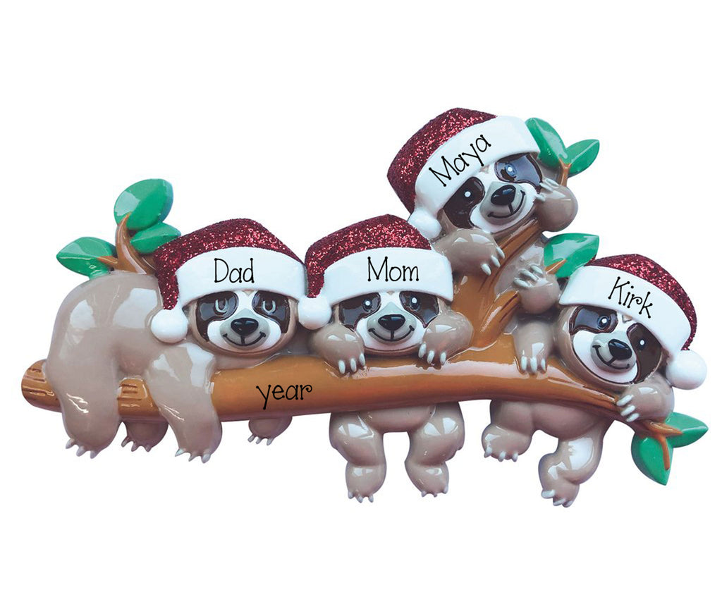 SLOTH~Family of 4~Personalized Christmas Ornament