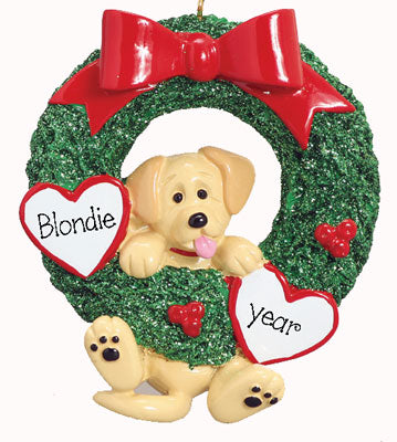 Golden Dog in Green Wreath -Personalized Christmas Ornament